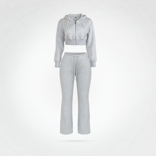Crop Zip-Up Hoodie Set Gray