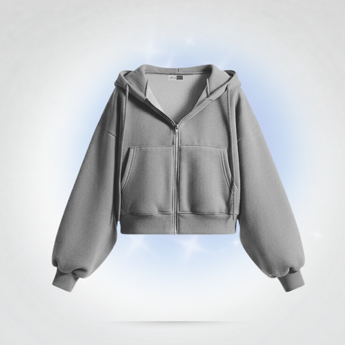 Cropped Zip-Up Hoodie Gray