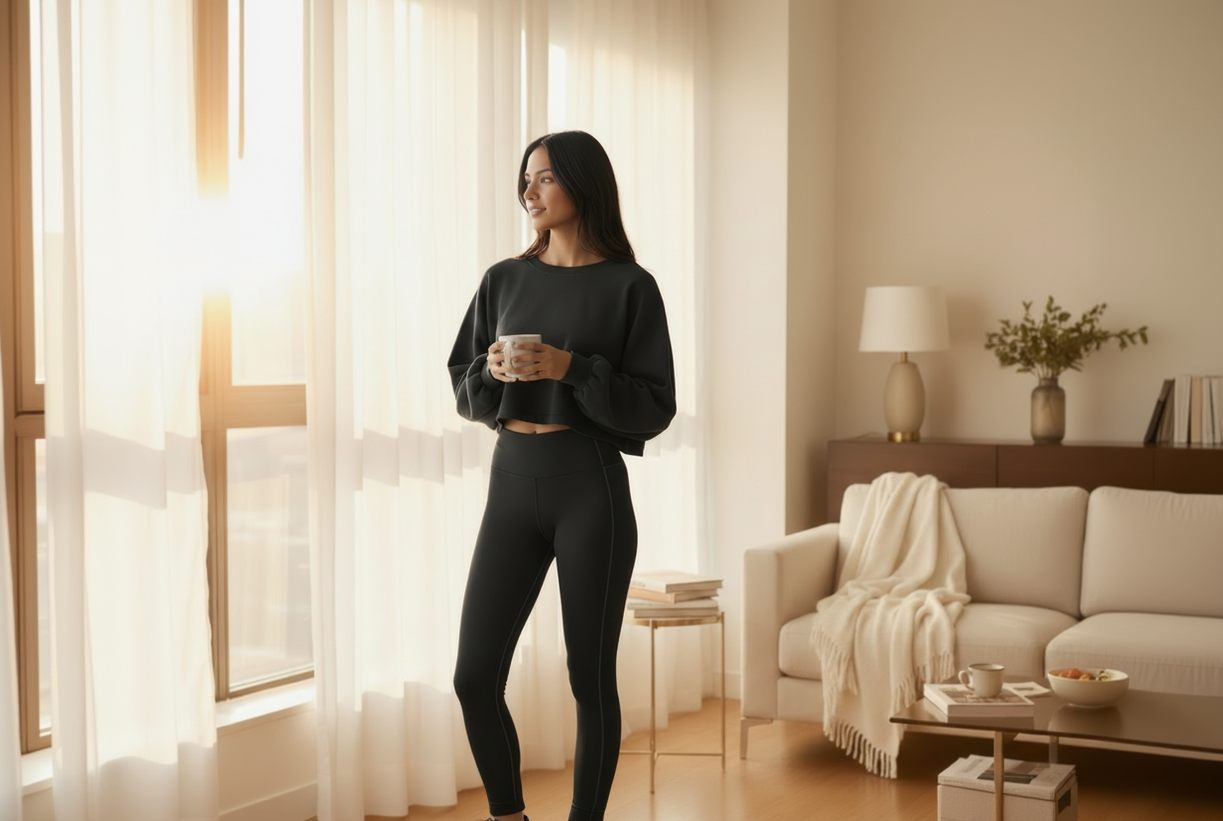 Woman in black outfit standing in a bright living room.